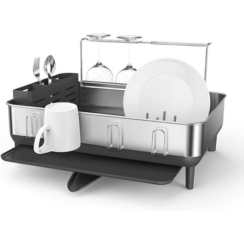simplehuman Large Capacity Dish Drying Rack with Stainless Steel Frame, 360º Easy Drain Swivel Spout, Utensil & Wine Glass Holder, Anti-Residue Coating, Moisture Control Surface, Grey