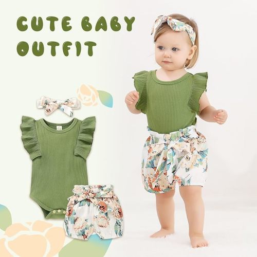 Tiny Cutey Baby Girl Clothes Infant Summer Outfits Set Ruffle Sleeve Romper and Floral Shorts with Headband