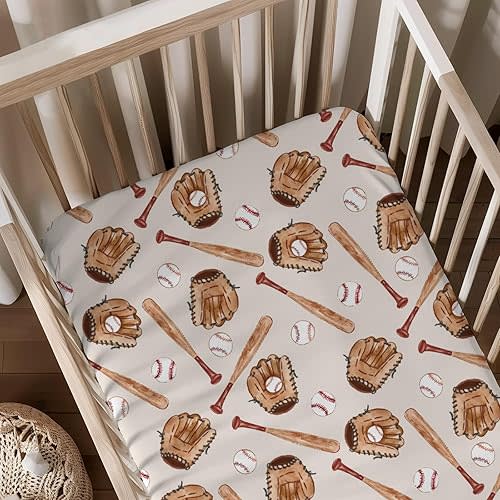 Watercolor Baseball Gloves Pattern Baby Sheets for Crib, Unisex Sport Theme Nursery Fitted Bed Sheet for Boys Girls Standard Crib and Toddler Mattress-28x52