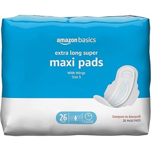 Amazon Basics Thick Maxi Pads with Wings for Periods - Extra Long Length, Super Absorbency, Unscented, Size 3, 26 Count (Previously Solimo)