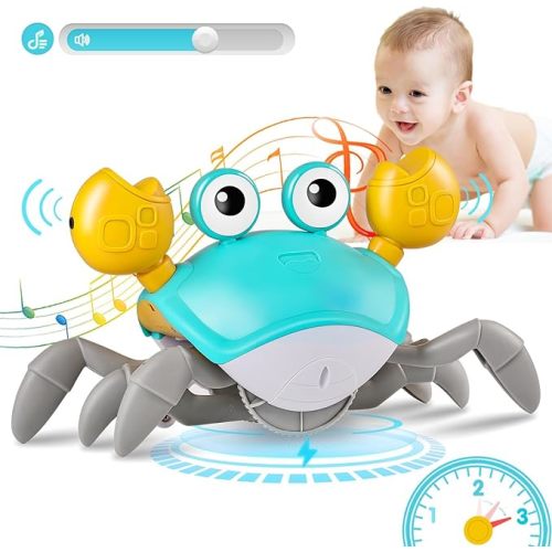 Crawling Crab Baby Toys with Music&Speed Control, Tummy Time Toys for 4 5 6 7 8 9 10 11 Boy Girl, Dancing Walking Crawly Crab for Baby Toddler Infant 6-12-18 Months Kid 1-3