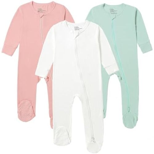 Baby Boys Girls Footless Pajamas with Mitten Cuffs - 3Pcs Rayon of Bamboo Long Sleeve 2 Way Zipper Sleepers