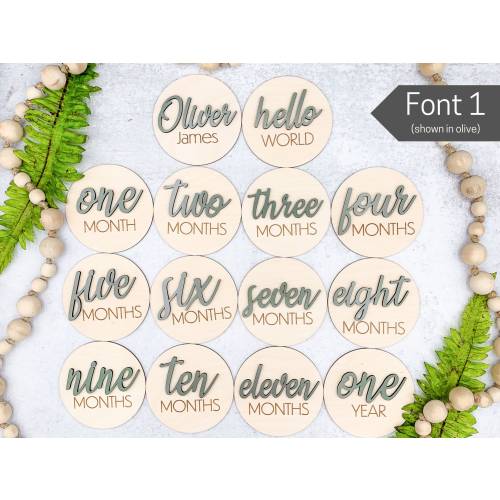 3D Monthly Milestone Discs for Baby Photos | Engraved Wood Monthly Milestone Markers | Personalized Baby Sign