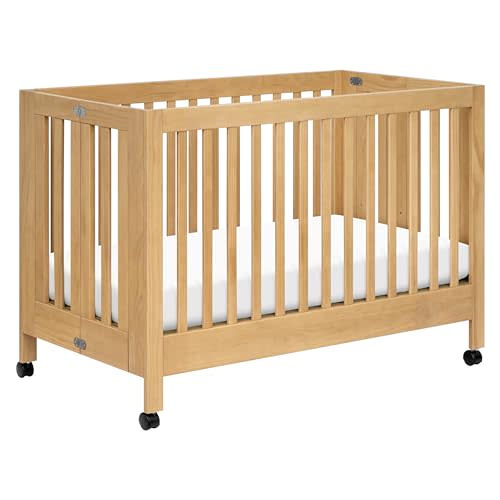 babyletto Maki 2-in-1 Portable Folding Crib with Toddler Bed Conversion Kit in Honey, Greenguard Gold Certified