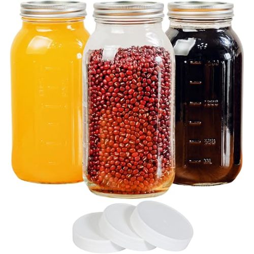3 Pack 64 oz Clear Wide Mouth Mason Jars with Airtight Lids and White Plastic Mason Jar Lids,Half Gallon Jars, Canning Jars