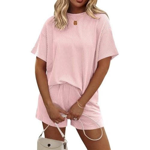 Ekouaer Womens Pajama Sets Short Sleeve Lounge Sets 2 Piece Pjs Tops and Shorts Outfits Matching Loungewear with Pockets