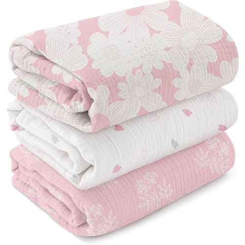 Muslin Swaddle Blankets for Newborn, 3-Pack Cotton Receiving Blankets, Large 40 x 38 inches, Baby Blankets for Boys and Girls, Wrap Burp Cloths, Pink Flower