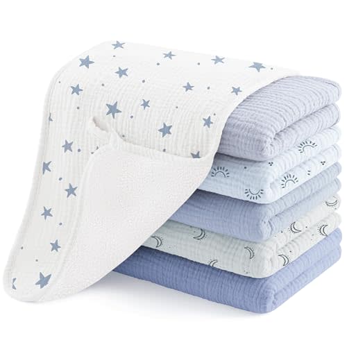 Susurration Muslin Burp Cloths, Soft Baby Burping Cloths for Unisex Boys and Girls, Newborn Essentials Large Extra Absorbent Washcloths, 20x10in, 6 Pack