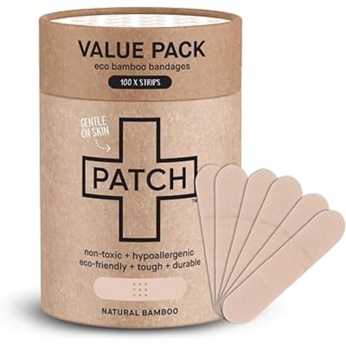 PATCH 100 Count Value Pack, Organic Natural Bamboo Eco-Friendly Adhesive Bandages for Abrasions & Grazes, Hypoallergenic Wound Care for Sensitive Skin, Compostable, Biodegradable, Latex & Plastic Free