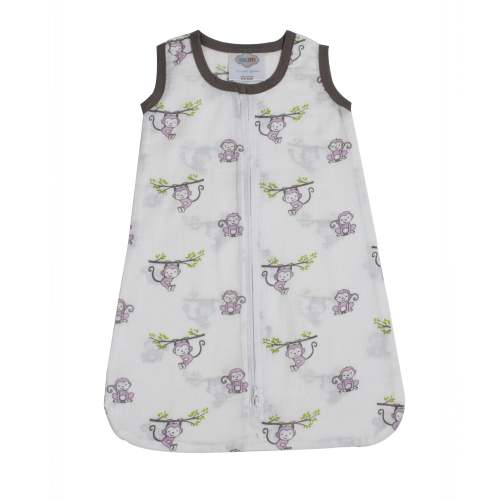 Bacati Cotton Muslin Sleeping Sack, Wearable Blanket with 2-way Zipper, Monkeys Purple Grey
