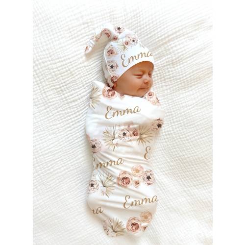 PERSONALIZED Boho Floral Custom Baby Name Blanket, Caramel Baby Girl Personalized Shower Gift Swaddle Newborn Coming Home Outfit Hospital