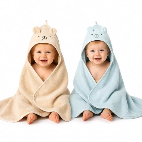 Hooded Baby Towels – 100% Organic Cotton Baby Bath Towels – Baby Boy Newborn Essentials - Super-Soft and Absorbent. (2-Pack Bear Fog and Bear Baby Blue)
