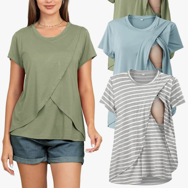 Rnxrbb 3 Pack Women's Nursing Tops for Breastfeeding Summer Short Sleeve T Shirts Postpartum Double Layer Clothes