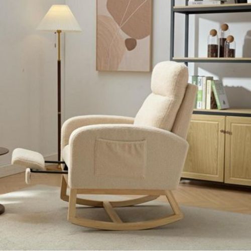 Modern Style Rocking Chair With Solid Wood Legs, Comfortable Armchair With Side Pockets Leisure Armchair With High Backrest Teddy Bear