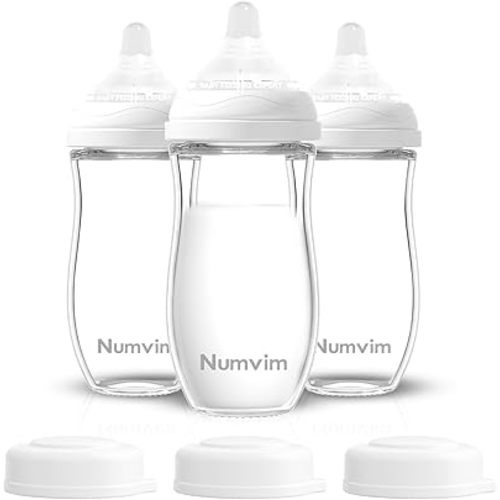 Natural Glass Baby Bottles Set, Gentle Medium Flow, Anti Colic Bottles for 3 + Months Breastfed Babies, 3 Packs (White, 8oz)