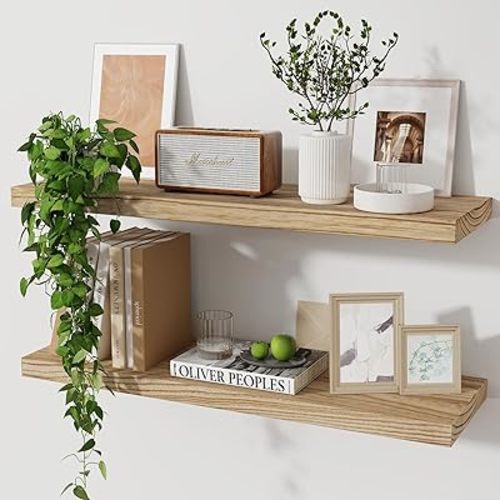 Floating Shelves, 24 Inch Wall Shelf Set of 2, Rustic Wood Shelves for Wall Storage, Wall Mounted Wooden Display Shelf for Bathroom Bedroom Kitchen, Carbonized Black