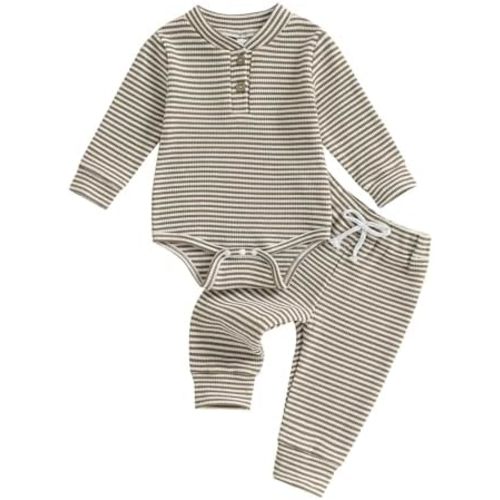 Newborn Boy Clothes Striped Waffle Knit Long Sleeve Romper Pants Set Infant Fall Winter 2Pcs Outfits 0 3 6 9 12M