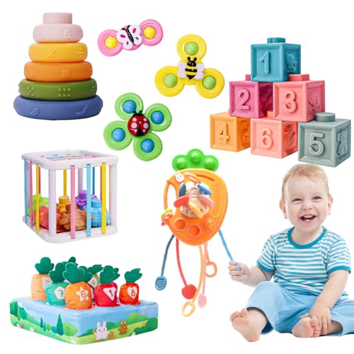 Baby Toys 6-12 Months, Montessori Toys for 1 Years Old, 6-in-1 Set Infant Toys with Sensory Toys, Spinner Toys for Babies, Baby Blocks, Stacking Toys, Learning Toys Gifts for Toddler Newborn, 32PCS