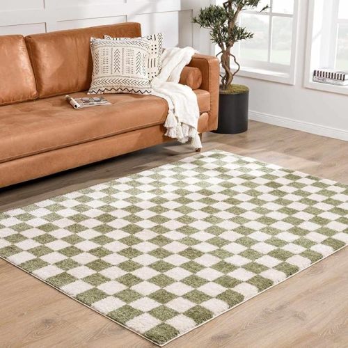 Hauteloom Canika Modern Checkered High Pile Area Rug - Contemporary Geometric Carpet for Living Room, Bedroom - Machine Washable Area Rug - Off-White, Dark Green - 5'3" x 7'