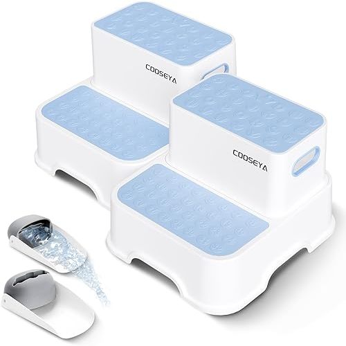 2 Step Stools for Kids,Toddler Step Stool for Bathroom Sink,No-Slip Double up Stepping for Toddlers Bathroom, Multifunctional Toilet Potty Stool for Kids,Toilet Potty Training(2 Packs)（Blue）