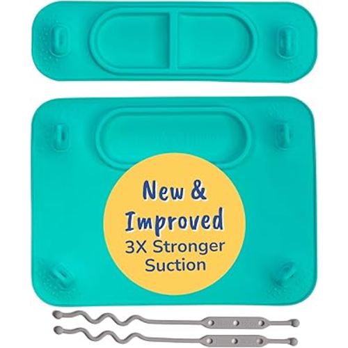 BUSY BABY Silicone Mat Bundle - 1 Original Mat Plus 1 Mini Mat, New Stronger Suction Cups, 6 Straps to Secure Baby Essentials and Keep Off The Floor, Baby Led Weaning, Wet Bag Included (Spearmint)