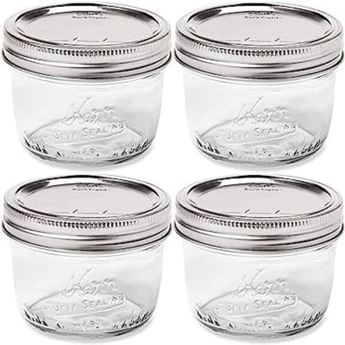 Wide Mouth Mason Jar 8 oz - (4 Pack) - Kerr Wide Mouth Mason Jars With Airtight lids and Bands - For Canning, Fermenting, Pickling, Freezing - Glass jar, Microwave & Dishwasher Safe, Clear