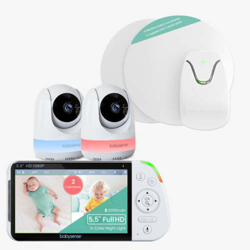 Babysense 2-in-1 Monitoring Set: Video Baby Monitor with 2 Cameras, Split Screen, Night Light & Sound Machine + Breathing Motion Detection & Safety Alerts