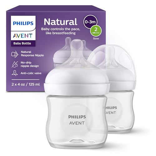 Philips Avent Natural Baby Bottles with Natural Response Nipples (Slow Flow, Flow 2), 4oz, 2-Pack, SCY900/02