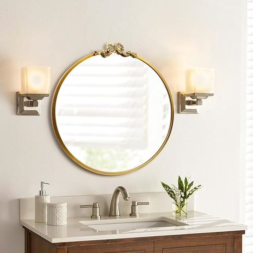 Vintage Gold Round Mirror Decorative Bathroom Vanity Mirrors 27.5inch Antique Metal Ornate Circle Wall Mirror, Baroque Bow Decor for Home Dressing Table,Bedroom,Living Room,Hallway