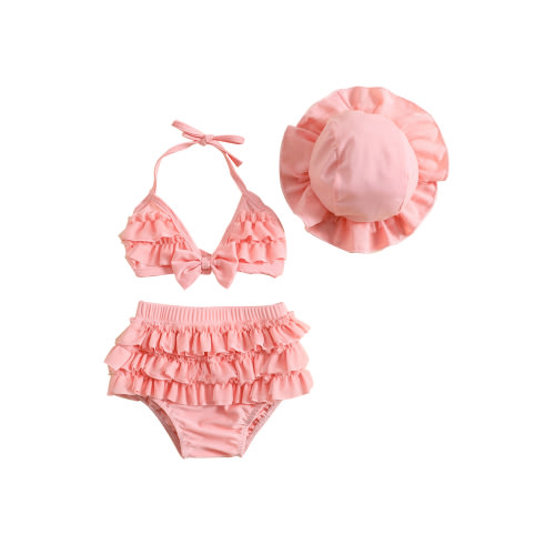 Qtinghua Infant Baby Girl Flower Swimsuit 3Pcs Halter Triangle Tops Ruffle Bottoms Sun Hat Bikini Set Bathing Suit Swimwear Pink 0-6 Months
