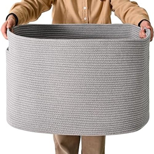 ICERZCZ Large Grey Storage Basket, Blanket Baskets for Living Room, Large Toy Basket for Storage, Woven Cotton Rope Baskets for Blankets, Clothes, Shoes, Books, Grey, 25”x16”x16” (105L)