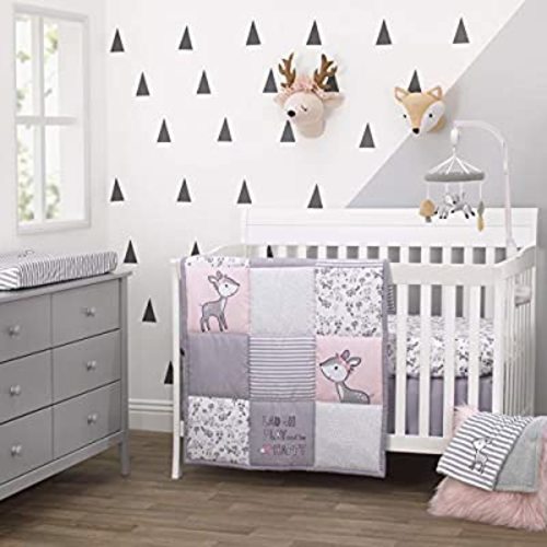 Little Love By Nojo Sweet Deer, Grey, Pink, White 3Piece Nursery Crib Bedding Set With Comforter, Fitted Crib Sheet, Dust Ruffle, Pink, Grey, White, Charcoal