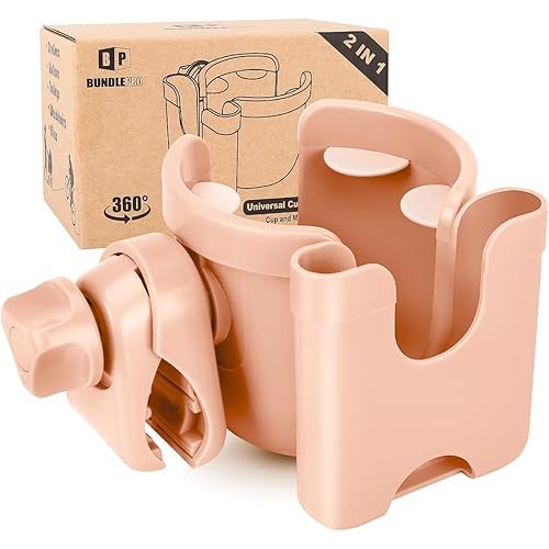 Universal Stroller Cup Holder with Mobile Phone Case, 2-in-1 Strollers Storage Rack, 360 Degrees Rotation Drink Holder for Bike, Pushchair, Wheelchair, Walker,Bicycle, Fits Most Cups (Pink)