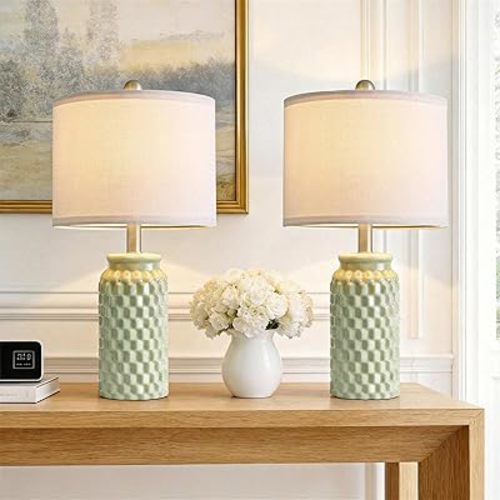 20.5" Small Bedside Lamps Set of 2 with 5FT Cord, Green Ceramic Modern Farmhouse Table Lamps for Nightstand, Living Room, Bedroom, 3D Honeycomb Stylish End Table Lamps(Bulb Not Included)
