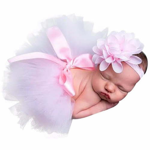 Newborn Baby Tutu Skirt and Flower Headband for Photography Prop Outfits 0-4 Month (Pink)