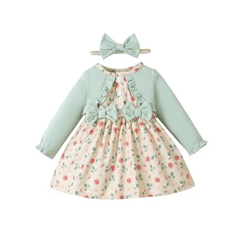 Saeaby Newborn Baby Girl Dress - Long Sleeve Ruffle Floral - Infant Girl Outfit - Cute Baby Fall/Winter Dress