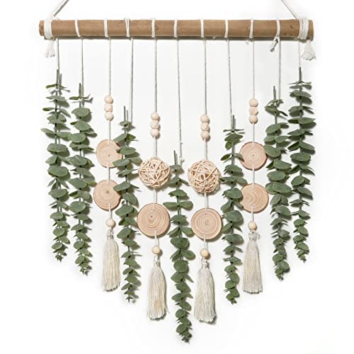 GIAUMA Boho Bathroom Decor Artificial Eucalyptus Hanging Wall Decor Fake Greenery Leaves Plants Wicker Ball on 16.5 inch Stick Rustic Farmhouse Natural Bedroom Kitchen Nursery Office Decorations