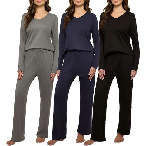 Real Essentials 3 Pack Women's Soft Cotton Medium Long Sleeve Pajama Set with Pants - Lounge Sets for Women (Available In Plus)