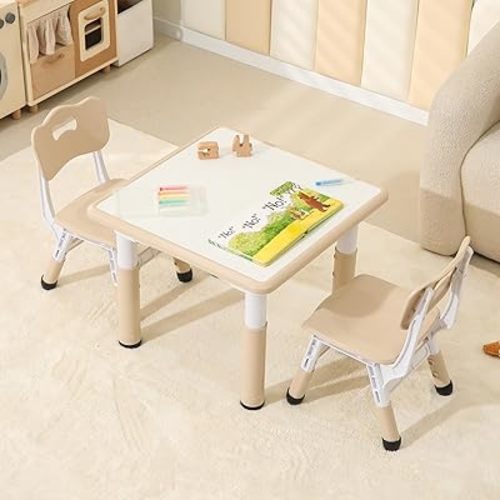 Kids Table and 2 Chairs Set, Height Adjustable Toddler Table and Chairs with Anti-Slip Foot Covers, Graffiti Desktop Arts & Crafts Table for Daycare, Classroom