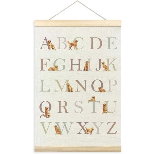 TLESKE Golden Retriever Alphabet ABC Chart Poster Hanger Frame, Homeschool Preschool Hanging Wall Art Decor for Golden Retriever Lover Kid Room Nursery Playroom, Dog ABC Picture 16x24