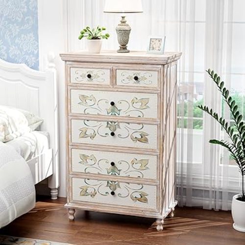 VINGLI Dresser Wood Chest of Drawers for Bedroom, Tall Dresser 6 Drawer Chest Boho, Wooden Dressers with Drawers and Solid Wood Legs, Rustic Washed White