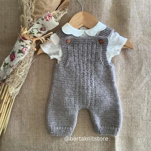 Grey Overalls Knitting Pattern | Baby Romper Knitting Pattern | Baby Dungarees Knitting Pattern | PDF in English | 0-24 months |