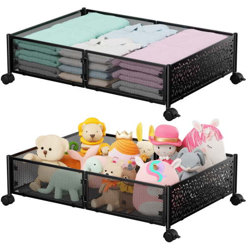 Flycity 2 Pack Foldable Under Bed Storage, Under the Bed Storage Containers with Wheels, Storage Organizer Bins for Bedroom Clothes Shoes Blankets - Black