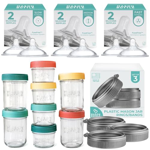 Build Your Own Bottles Bundle | Baby Glass Bottle & Breastmilk Storage Kit | 4oz & 8oz Mason Jars w/Lid + Slow to Fast Flow Nipples (0 to 6+ Months) + Plastic Mason Jar Rings