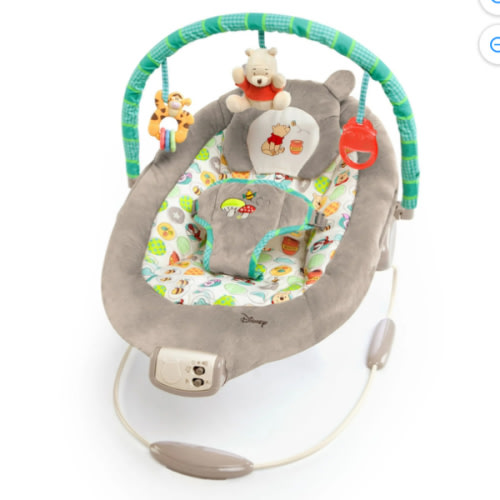Bright Starts Disney Baby Winnie The Pooh Baby Bouncer Soothing Vibrations Deluxe Infant Seat - Faux Suede, Music, Removable -Toy Bar, 0-6 Months 6-20 lbs (Dots & Hunny Pots)