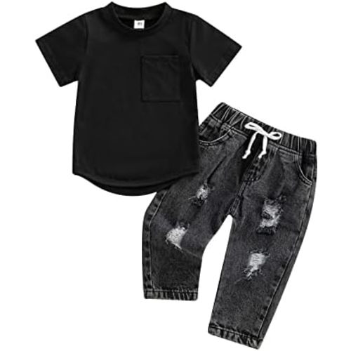 Toddler Baby Boys Denim Outfits Solid Color Short Sleeve T-Shirt Tops + Ripped Jeans Pants Set