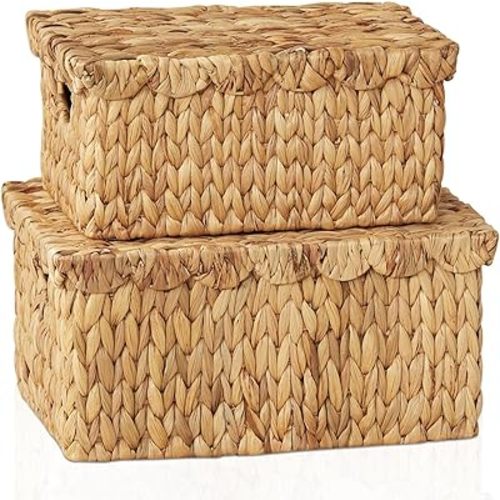 FairyHaus Wicker Basket with Lid, Scalloped Wicker Storage Basket with Removable Tray Lid, Handwoven Natural Water Hyacinth Bakests with Handles for Nursery 2Pack, 15 x 11.22 x 7" & 13 x 9.45 x 5.9"