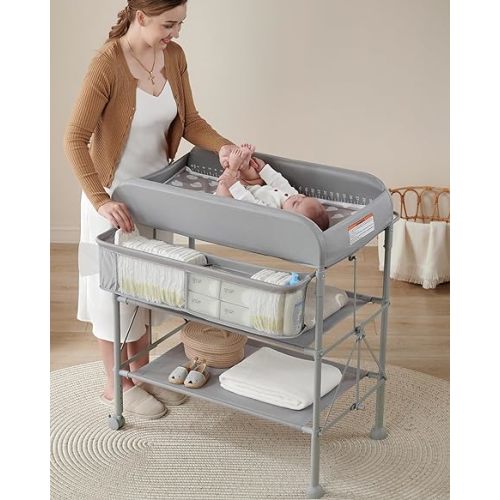 BEKA Portable Changing Table, Foldable Baby Changing Table, Changing Station for Infant w/Waterproof Diaper Changing Table Pad, Adjustable Height Diaper Station, Mobile Nursery Organizer for Newborn