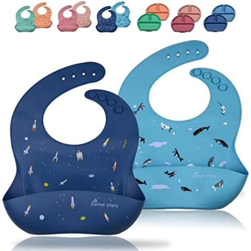 100% Silicone Pocket Baby Toddler Bibs, Waterproof Washable Bibs, BPA Free, Microwave/Dishwasher Safe, Set of 2