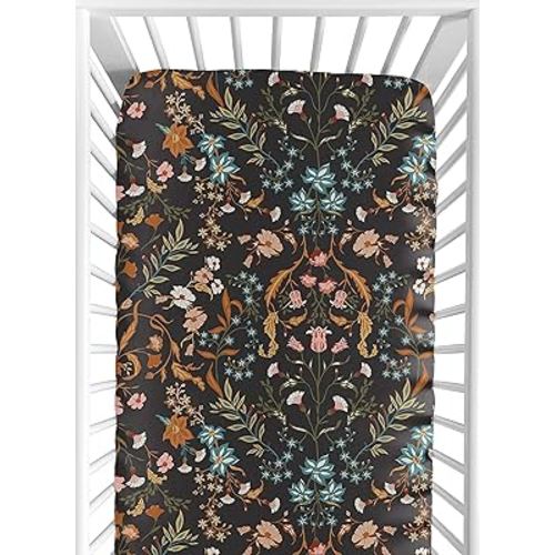 Sweet Jojo Designs Boho Wildflower Vintage Floral Girl Fitted Crib Sheet Baby Toddler Bed Nursery Black Rust Orange Teal Daisy Leaves Botanical Paisley Leaf Flower Bohemian Farmhouse Turquoise Blue